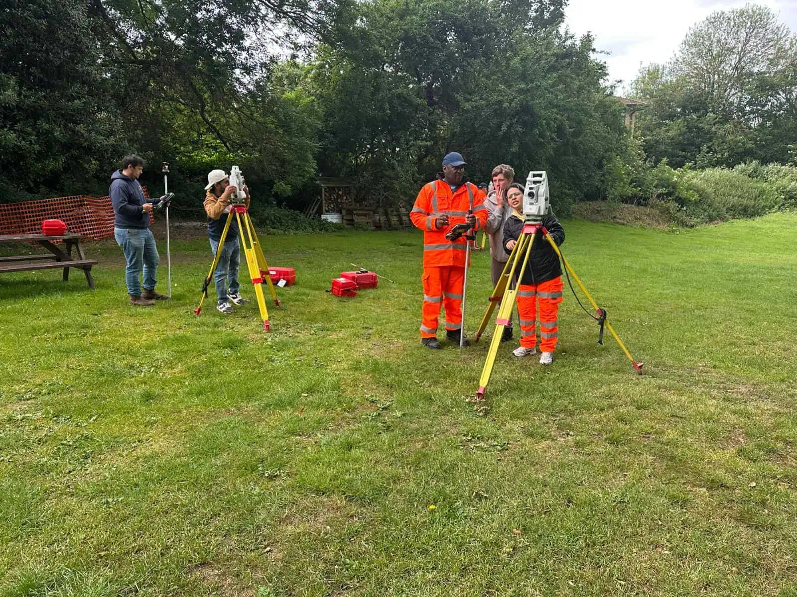 Instructor-led hands-on total station training with students outdoors.